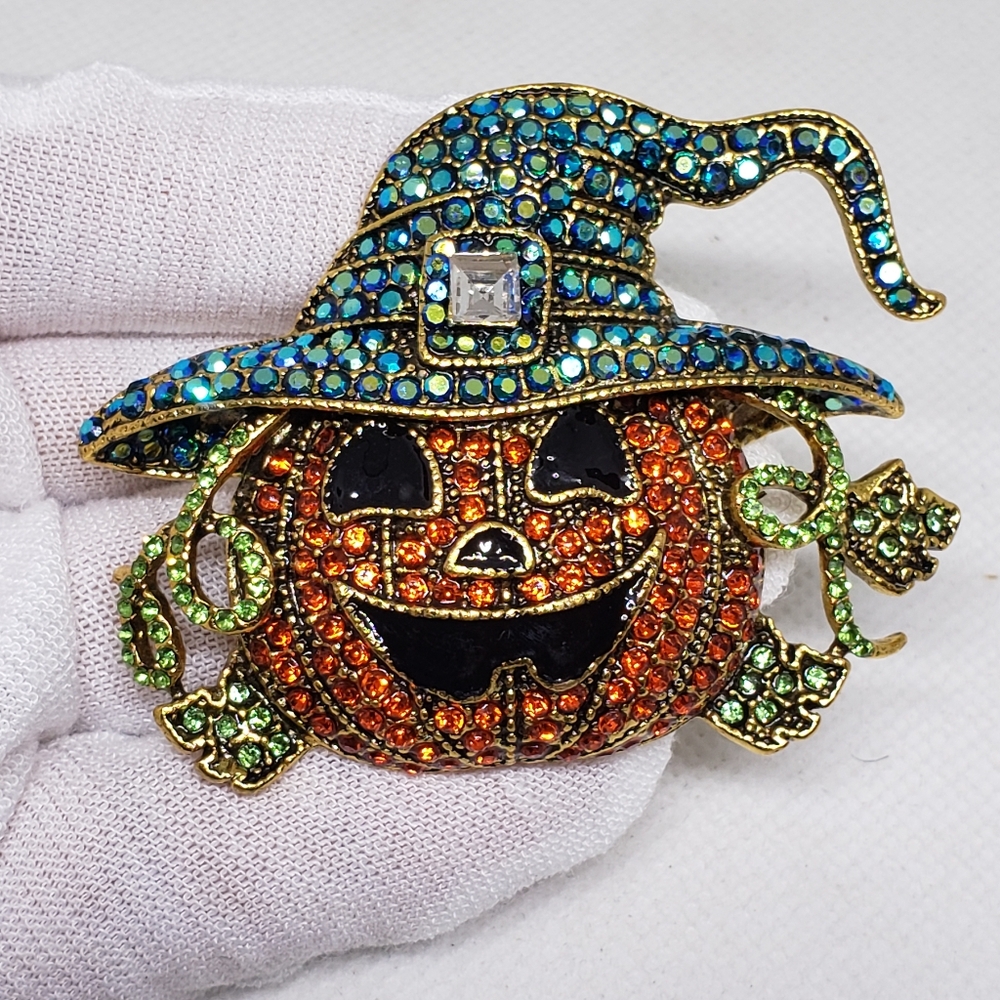 Rhinestone Halloween Pumpkin Brooch Pin - Picture 3 of 10